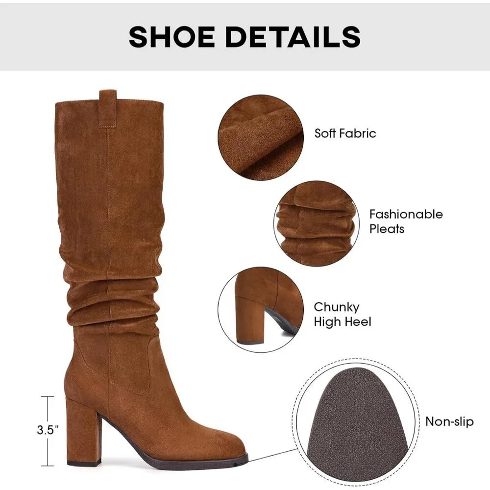 Women's Brown Tall Chunky High Heel Side Zipper Party With Knee High Boots